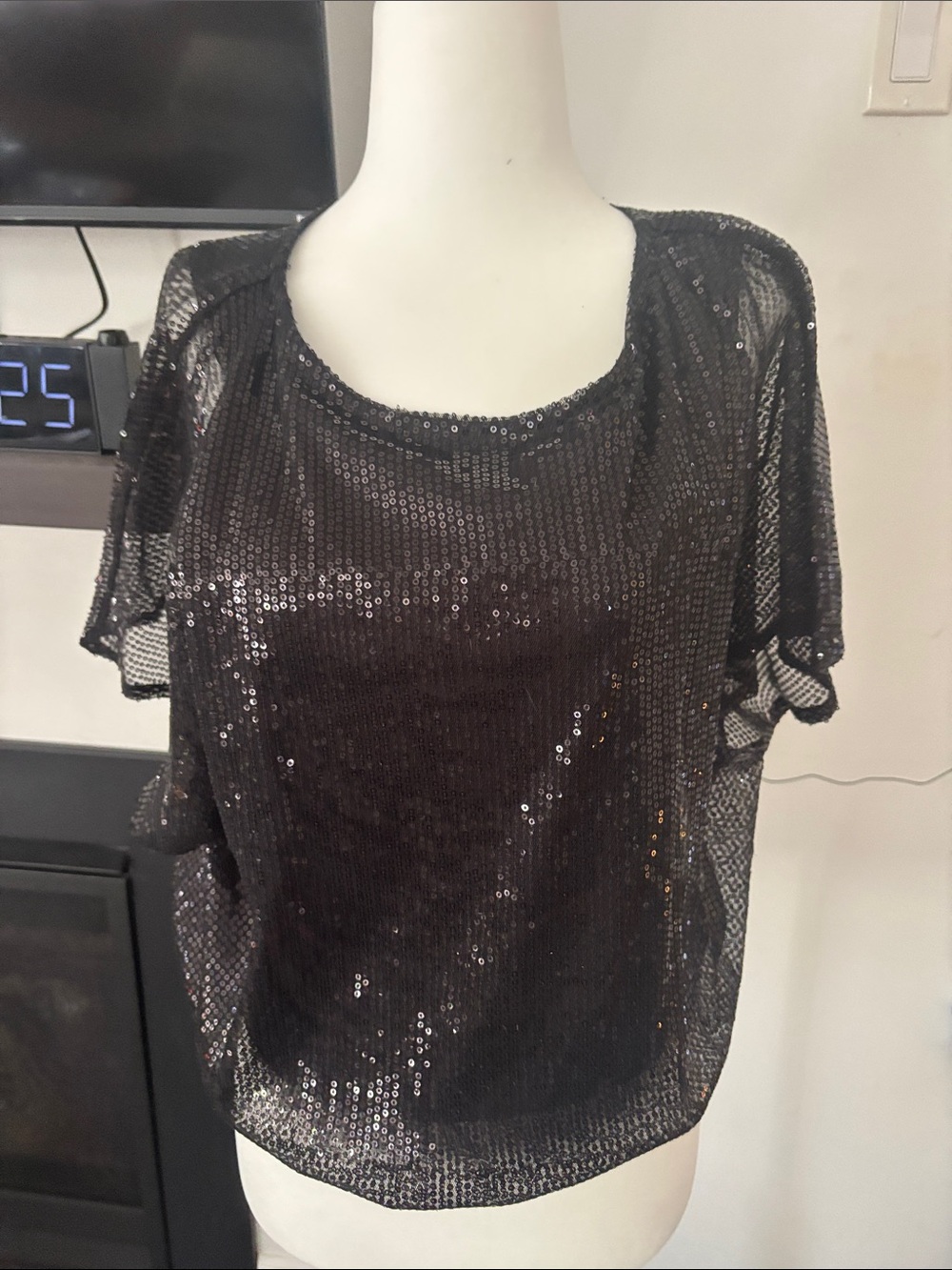 Vintage Black Sequin Short-Sleeve Women's Top